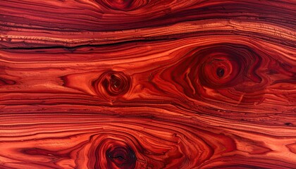 Close-up view of rich red-brown wood grain, with knotty patterns and organic swirls