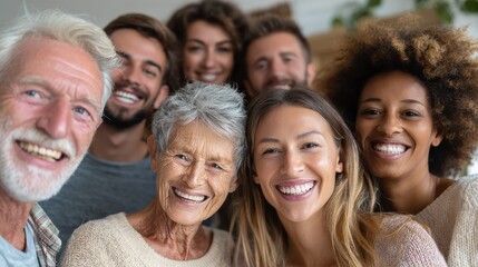group of multigenerational people smiling in front of camera  multiracial friends of different ages having fun together  main focus on caucasian senior faces no logos no brands ar 169