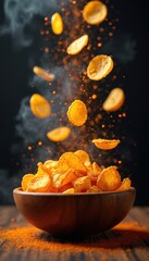Heap of crispy potato chips fly up from wooden bowl, seasoned with spices. Dark background highlights golden snack, ready for eating. Smoky effect adds drama.