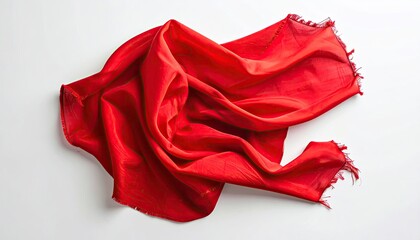 Vibrant scarlet fabric, softly draped with frayed edges, isolated on white
