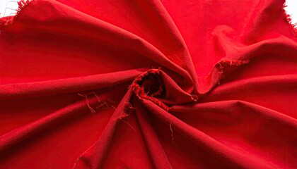 Close-up of swirling, vibrant red fabric with torn edges, texture visible