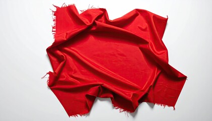Vivid red cloth, crumpled and fringed at the edges, lies on a white surface