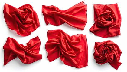 Six vibrant red satin fabric pieces are artfully draped and arranged against white