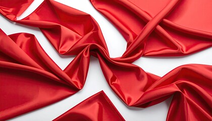 Lustrous red fabric elegantly draped, swirling against a pristine white backdrop