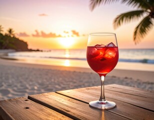 Glass of red beverage with ice on a beach at sunset, with palm fronds