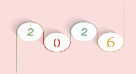Clean minimalist design of the year 2026 represented by circular elements on a soft pink background