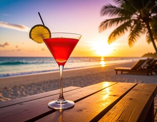 A vibrant cocktail with a lemon slice sits atop a wooden table, beach sunset