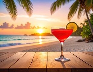 A vibrant cocktail sits on a wooden table, with a sunset beach backdrop