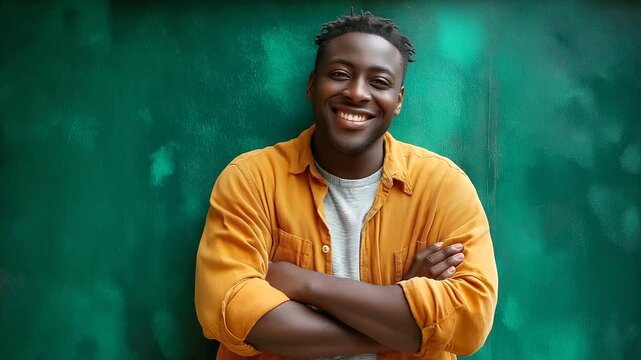 A cheerful young man from a multiracial background with a confident smile against a vibrant green backdrop, diversity, inclusivity, interracial couples, plus-size models, positive