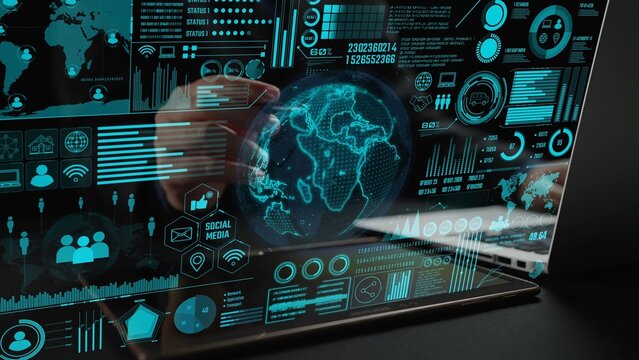 Experience a cutting-edge digital interface showcasing data analytics and communication metrics, ideal for tech innovations and business solutions in modern environments. Cipher - Powered by Adobe