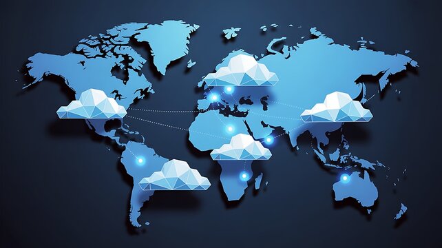 World map depicting cloud computing network connections and global data transfer solutions and concepts