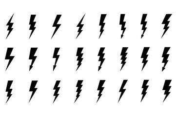 Black lightning bolt symbol set collection of thunder and energy icons on white background