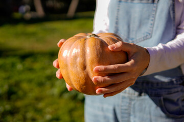 unrecognizable woman holding a halloween pumpkin. Seasonal vegetable for healthy lifestyle