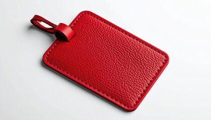 Rectangular red leather luggage tag with a loop, on a white surface