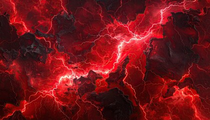 Intense red lightning bolts crackle over a cracked, fiery textured surface