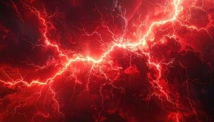 Intense red lightning bolts illuminate swirling clouds, creating a dramatic, fiery display