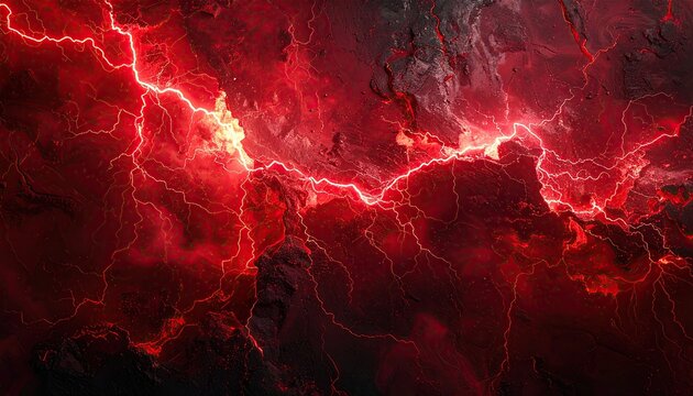 Fiery red lightning streaks across a textured, dark red landscape, a dramatic vista