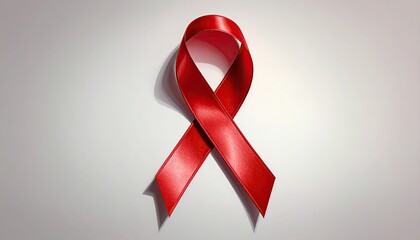 A glossy red ribbon, symbol of solidarity, lies on a pale, illuminated surface