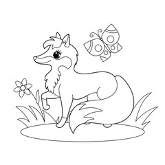 Cute cartoon fox and butterfly. Black and white line art. Suitable for coloring book designs, prints, posters, cards, stickers, etc. Vector illustration