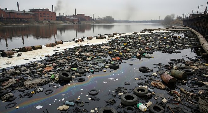 A river choked with garbage and pollution, reflecting the detrimental consequences of industrial waste and environmental neglect on waterways