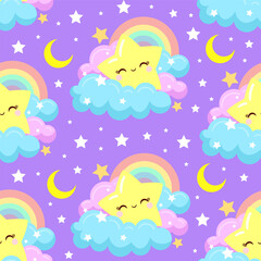 A seamless pattern with cute stars, clouds, and a rainbow on a lilac background. Suitable for children's design, fabric, backdrops, wallpaper, wrapping paper, etc. Vector