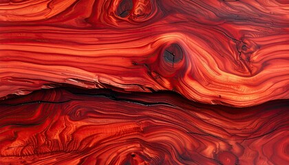 Close-up reveals vivid, textured wood grain in deep red hues with knots and cracks