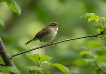Fototapeta premium A small brown bird with light underparts perches on a slender branch amidst lush green foliage in a natural woodland setting.