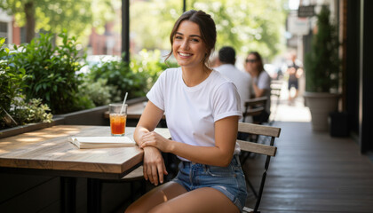 Young woman smiling while sitting at café table in summer  