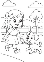 coloring book girl walking puppy outside in park