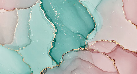 Abstract Teal and Pink Fluid Art with Gold Edges background blend
