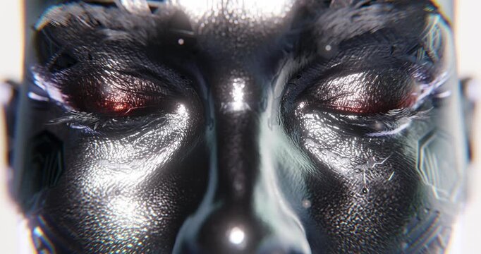Artificial intelligence dominance conceptual design, a female robot with metal skin on face awakening, opening digital eyes, cyberpunk concept on bright clean background