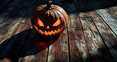 AI Generated - Jack-o'-lantern sitting on top of a wooden table, with its orange and black colors standing out against the dark background. Commercial illustration artwork for business applications.