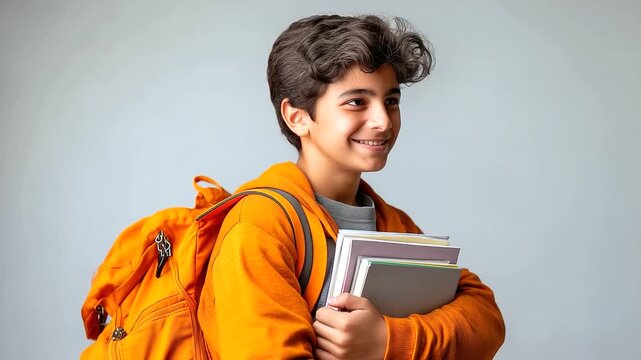 A happy young boy from a diverse background with an orange backpack and books, isolated on a white background, diversity, inclusivity, interracial couples, plus-size models, studen