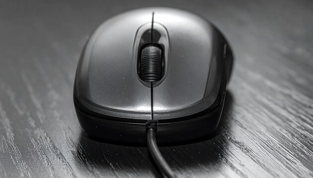 A close-up grayscale photograph of a computer mouse, featuring a scroll wheel, two buttons, and an attached cord, resting on a wooden surface