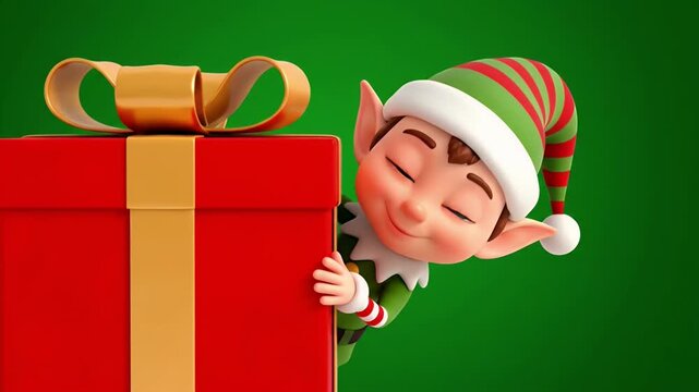 Playful 3D Animated Christmas Elf Waving from Gift Box with Copy Space for Festive Holiday Greetings and Commercial Promotions