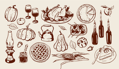 Rustic hand-drawn monochrome vector illustration set. Thanksgiving feast and harvest. Roast turkey, pumpkin pie, pumpkins, and corn. Seasonal or festive design elements. Autumn drawings.