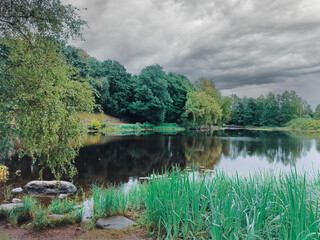 A lake with trees and a cloudy sky.