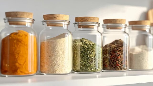 Assorted Spices in Glass Jars with Cork Stoppers on White Shelf, Close-Up
