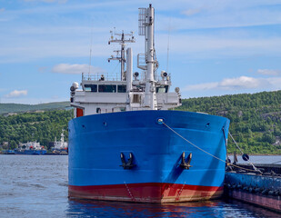 large icebreaker ship in the port view from below