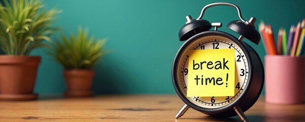 Alarm clock reads break time on yellow note paper. Desk with potted plants and colorful pencils. Reminder for rest and relaxation during workday. Time for refresh.