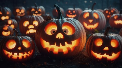 Fototapeta premium Carved pumpkins with glowing faces in a blurred background create a spooky Halloween scene