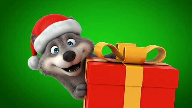 Cute Animated Wolf in Santa Hat Peeking from Behind a Christmas Gift with a Festive Greeting on Green Screen, Ideal for Holiday & Multi-Event Promotions