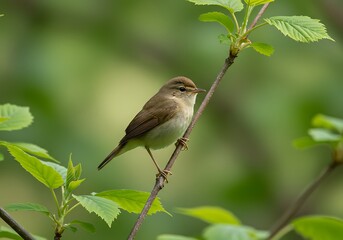 Fototapeta premium Willow warbler perched on a branch surrounded by green leaves in natural light.