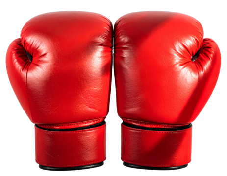 Two Red Boxing Gloves in Fighting Position, cutout isolated on transparent background