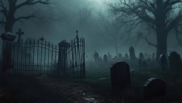 Eerie graveyard scene shrouded in fog, featuring an iron gate and numerous weathered tombstones