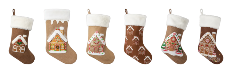 Gingerbread house Christmas stocking set including six unique designs and patterns isolated. Festive season decoration.