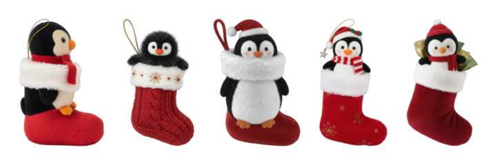 Festive penguin ornament set including various designs in mini stockings and hats isolated. Holiday decoration and winter collection.
