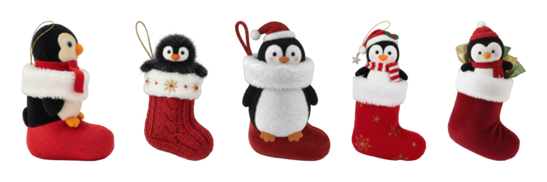 Festive penguin ornament set including various designs in mini stockings and hats isolated. Holiday decoration and winter collection.