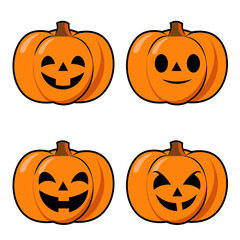 Set of Halloween pumpkins with different happy and funny facial expressions , cartoon-style orange pumpkin vector illustration, perfect for festive design, autumn decoration, and Halloween-themed proj