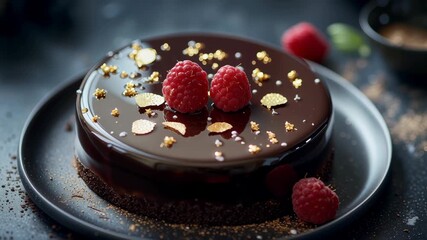 Gourmet chocolate mirror glaze cake decorated with fresh raspberries and edible gold leaf. Use for luxury dessert menus, bakery promotions, or celebration concepts. - Powered by Adobe
